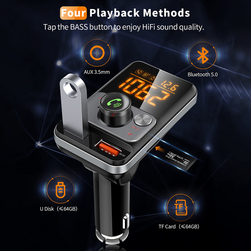 Transmițător FM Bluetooth 5.0 Adaptor radio pentru afișaj de 1,4 inchi Kit auto mâini libere 18W QC3.0 Încărcător rapid USB cu alarmă de oboseală