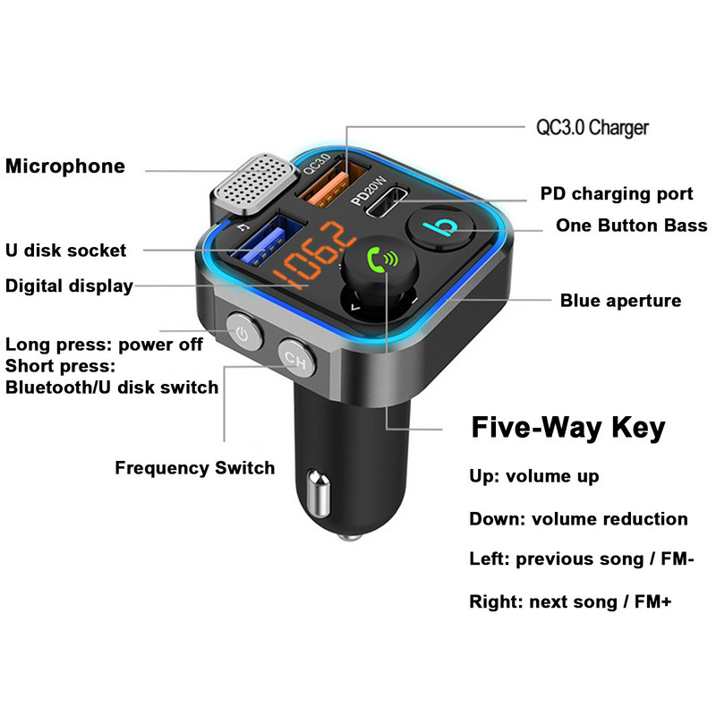 Transmițător FM Bluetooth 5.0 Bluetooth pentru mașină Aux O cheie Bass Auto Mp3 Player Mic mare Usb Music Play Qc Pd20w Încărcător auto