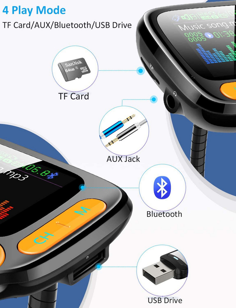 Πομπός FM 1,8" Έγχρωμη οθόνη AUX Modulator Bluetooth 5.0 Wireless MP3 Radio Adapter Αξεσουάρ αυτοκινήτου QC 3.0 Fast Charger