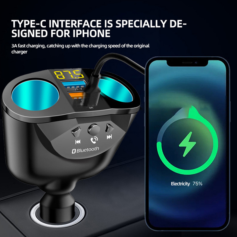 Bluetooth 5.0 Αναπτήρας FM Πομπός 12V Socket Splitter Μετασχηματιστής ρεύματος 4.8A Διπλός φορτιστής αυτοκινήτου USB με οθόνη τάσης
