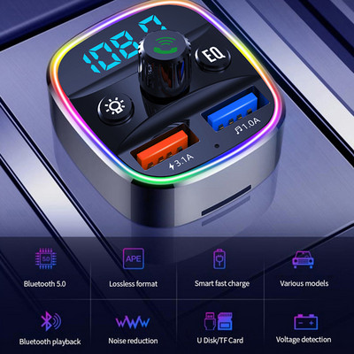 Környezeti fény Bluetooth 5.0 FM adó autós készlet MP3 modulátor lejátszó kihangosító audio vevő 3.1A kettős USB gyors autós töltő