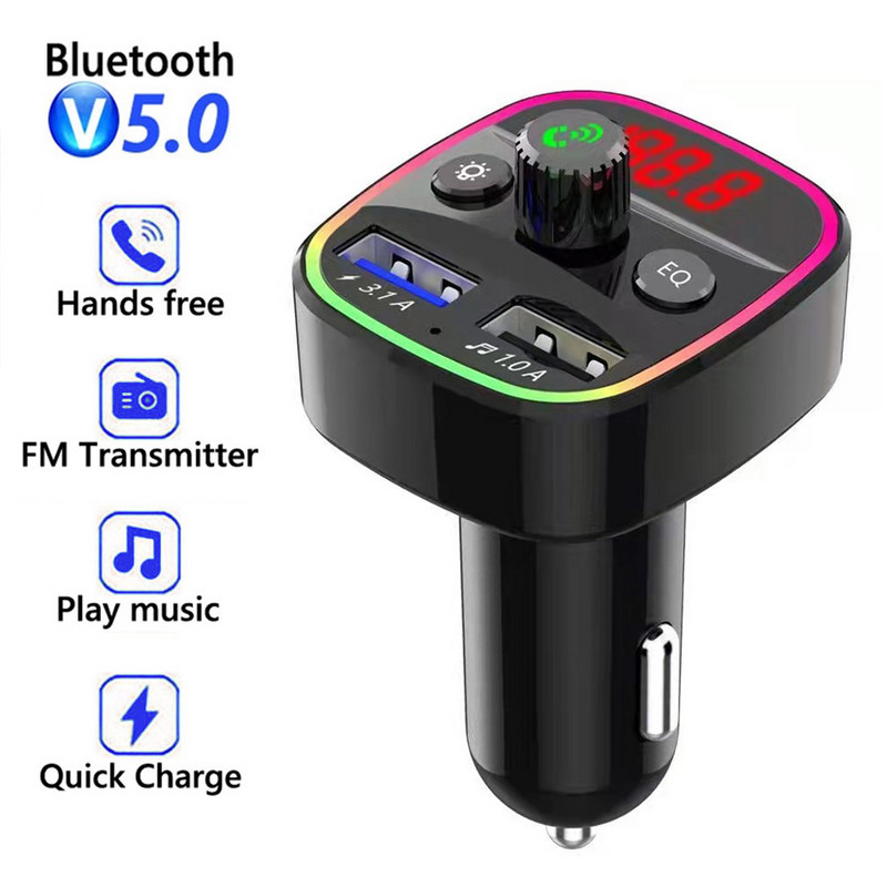 Lumină ambientală Bluetooth 5.0 Transmițător FM Kit auto Modulator MP3 Player Receptor audio handsfree 3.1A USB dublu Încărcător rapid pentru mașină