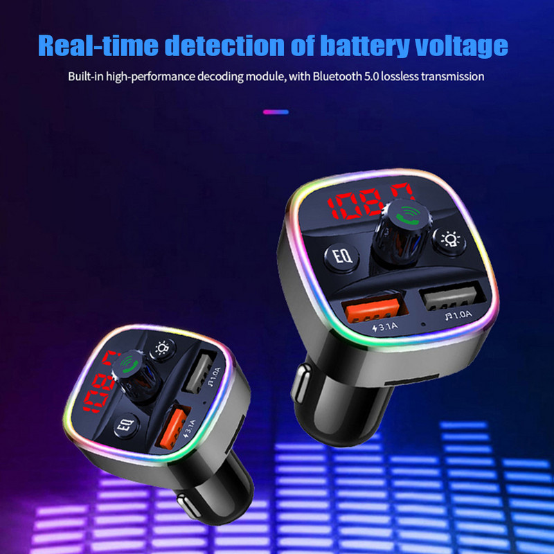 Lumină ambientală Bluetooth 5.0 Transmițător FM Kit auto Modulator MP3 Player Receptor audio handsfree 3.1A USB dublu Încărcător rapid pentru mașină