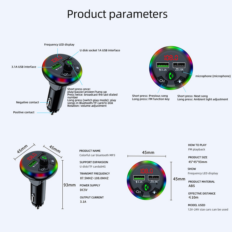 DC5V 3.1A Transmițător FM pentru mașină Bluetooth 5.0 Player MP3 pentru mașină Încărcător pentru telefon Wireless Mâini libere Player muzical Suport 32G TF/U-Stick
