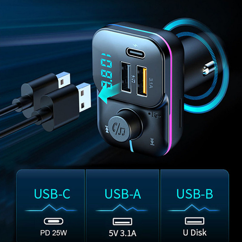 Φορτιστής αυτοκινήτου PD 25W Διπλός πομπός USB FM Προσαρμογέας Bluetooth Ασύρματο Handsfree Stereo Mp3 Player Colorful Lights FM Modulator