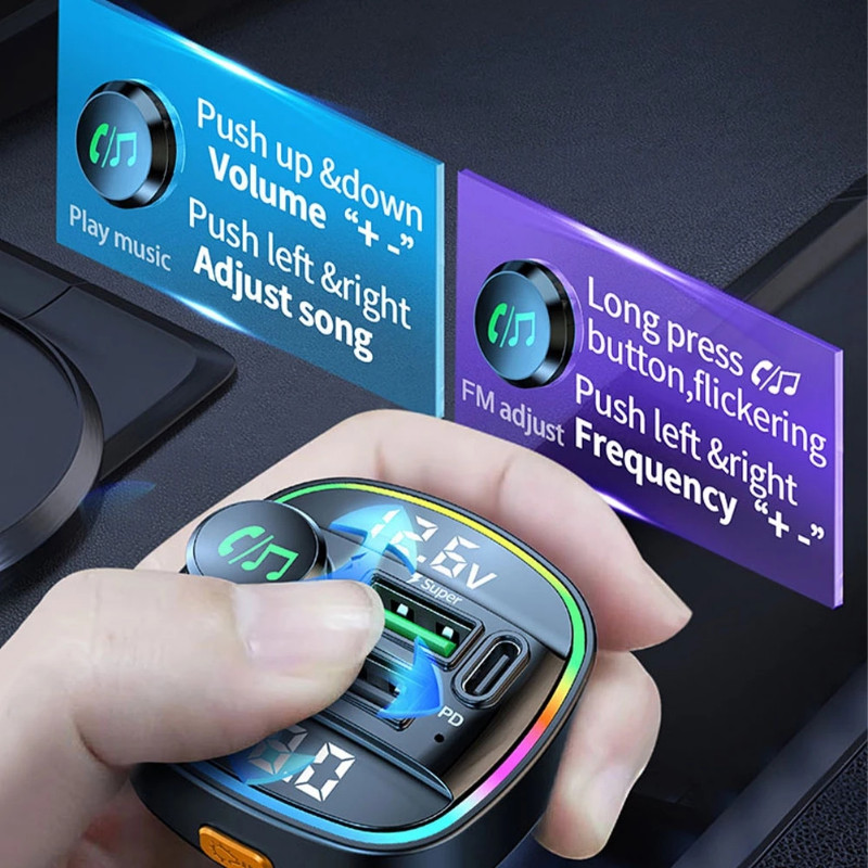 Transmițător FM Bluetooth 5.0 pentru mașină Kit auto Bluetooth Mâini libere Modulator radio MP3 Player cu adaptor USB de încărcare super rapidă de 22,5 W