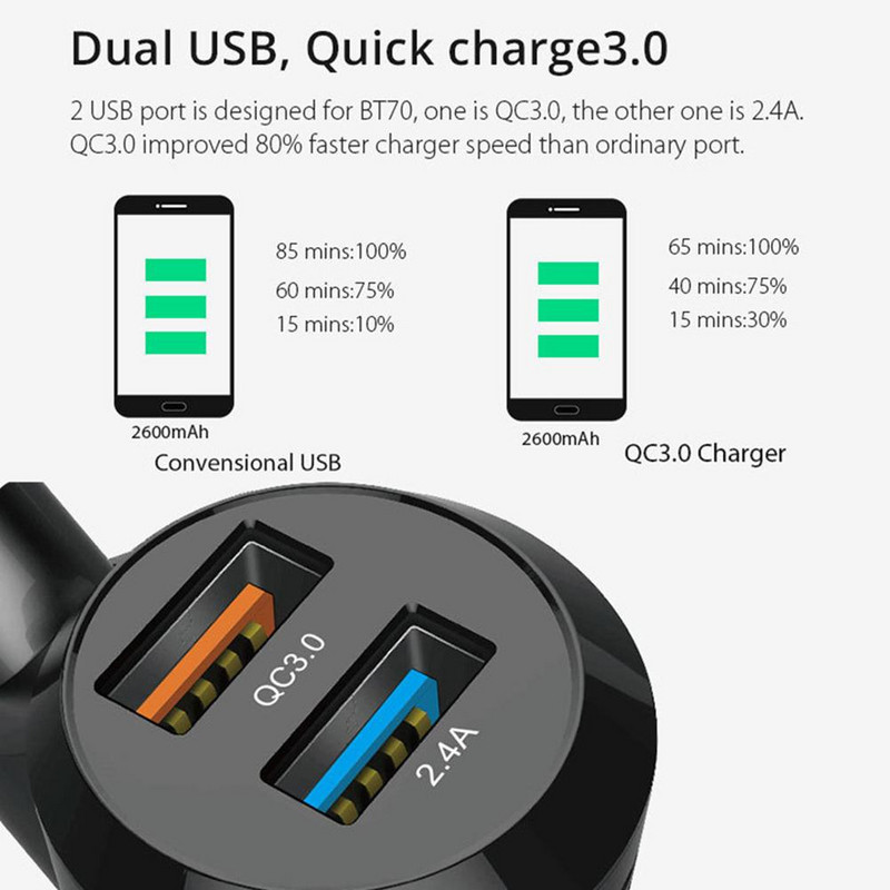 Bt70 Transmițător FM compatibil Bluetooth pentru mașină Apel Mp3 Player Mâini libere Carte USB duală Încărcător Brichetă Accesorii auto