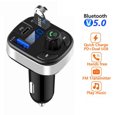 Автомобилен FM трансмитер Dual USB PD Type C Бързо зареждане Bluetooth 5.0 Handsfree Car Kit Аудио MP3 модулатор Плейър Поддръжка TF карта