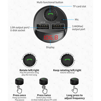 Συμβατό με Bluetooth Πομπός FM Κιτ συσκευής αναπαραγωγής αυτοκινήτου Συμβατό με Bluetooth 4.2 Πομπός FM Προσαρμογέας ραδιοφώνου FM Συσκευή αναπαραγωγής MP3 3.4A