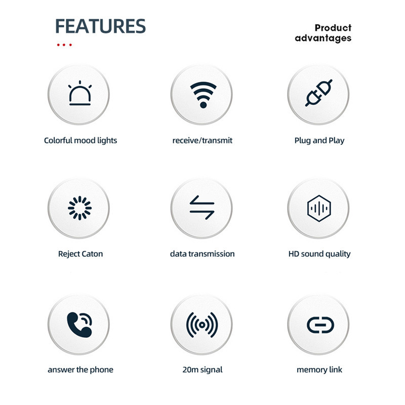 Belaidis „Bluetooth 5.3“ imtuvas, siųstuvas, automobilio muzikos garso adapteris, 3,5 mm Aux USB lizdas, įkraunamas su spalvinga LED lempa