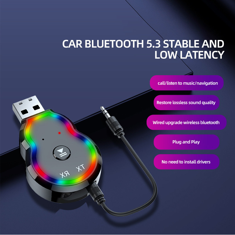 Belaidis „Bluetooth 5.3“ imtuvas, siųstuvas, automobilio muzikos garso adapteris, 3,5 mm Aux USB lizdas, įkraunamas su spalvinga LED lempa