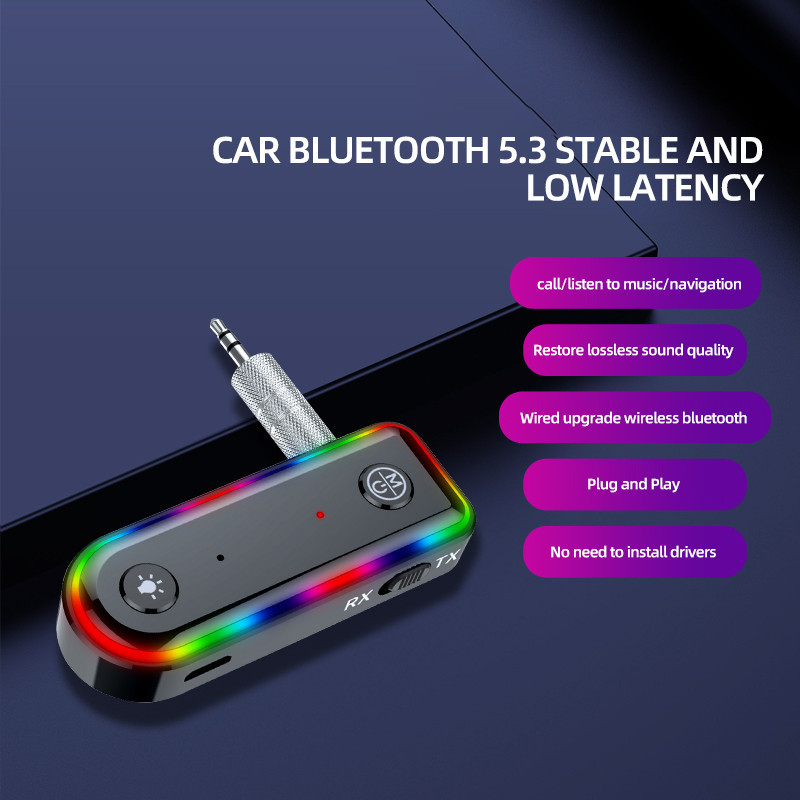 Belaidis „Bluetooth 5.3“ imtuvas, siųstuvas, automobilio muzikos garso adapteris, 3,5 mm Aux USB lizdas, įkraunamas su spalvinga LED lempa