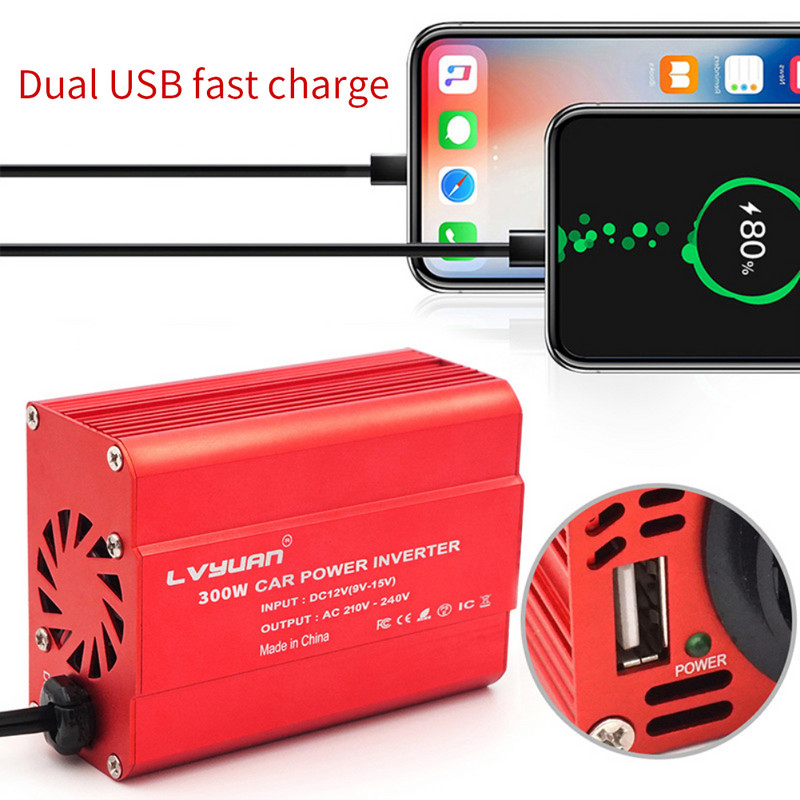 Μετατροπέας τροφοδοσίας αυτοκινήτου 300W DC 12V σε AC 110V 220V Μετατροπέας προσαρμογέα αυτοκινήτου διπλού USB Μετατροπέας αυτόματου φορτιστή Τροποποιημένο ημιτονοειδές κύμα πρίζα ΕΕ ΗΠΑ