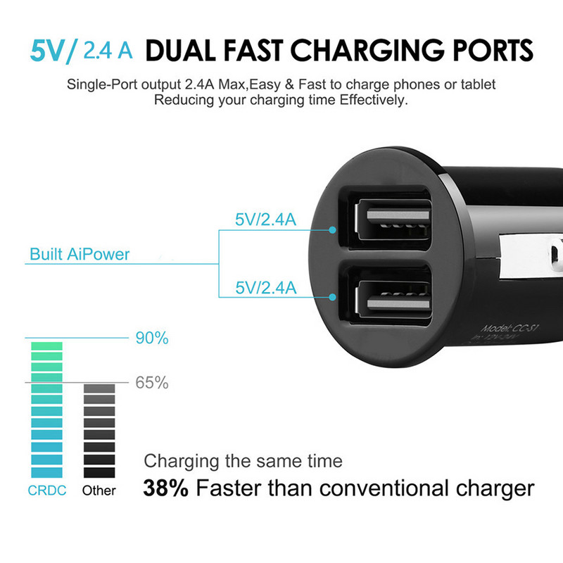 Juodas 12 V automobilinis sunkvežimis, dviejų jungčių USB mini įkroviklio adapteris, skirtas iPhone 13 12 11 X Huawei Samsung Galaxy S22 Xiaomi 12 11