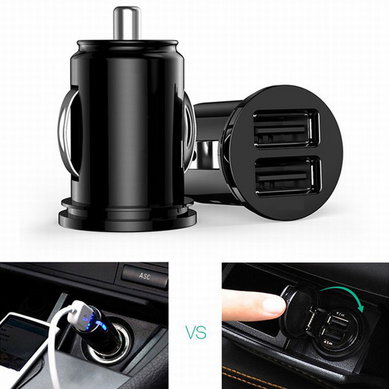 Juodas 12 V automobilinis sunkvežimis, dviejų jungčių USB mini įkroviklio adapteris, skirtas iPhone 13 12 11 X Huawei Samsung Galaxy S22 Xiaomi 12 11