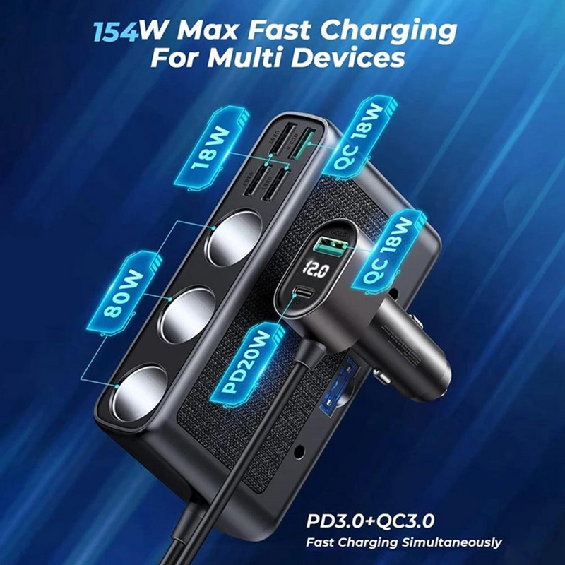 Adaptor încărcător auto 9 în 1 PD USB 3 priză Splitter pentru brichetă Încărcare rapidă Comutatoare independente Priză DC pentru țigări