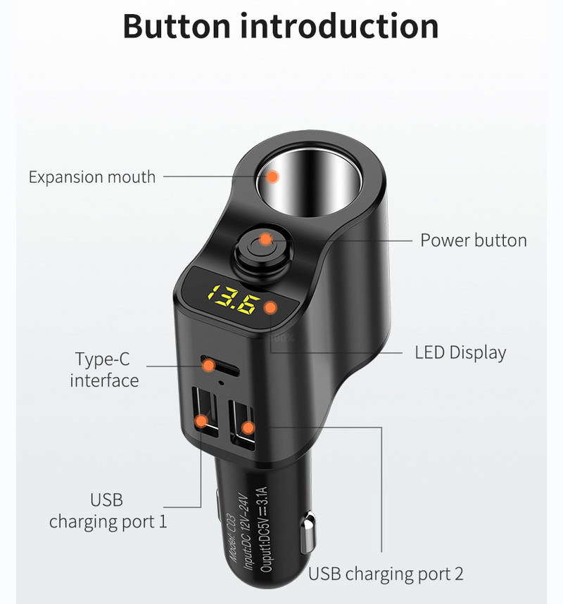 80w 5v 3.1a auto brzi punjač Dual U+type-c strujni adapter razdjelnik upaljača za iphone Huawei Samsung Xiaomi auto punjač