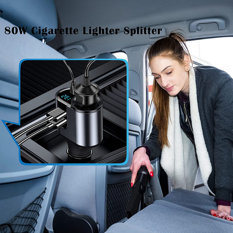 Jauns automašīnas lādētāja šķiltavas adapteris 4 in 1 automašīnas cigarešu sadalītājs, tips C, divi USB porti, sprieguma displejs 127 W, piemērots automātiskajai izejai