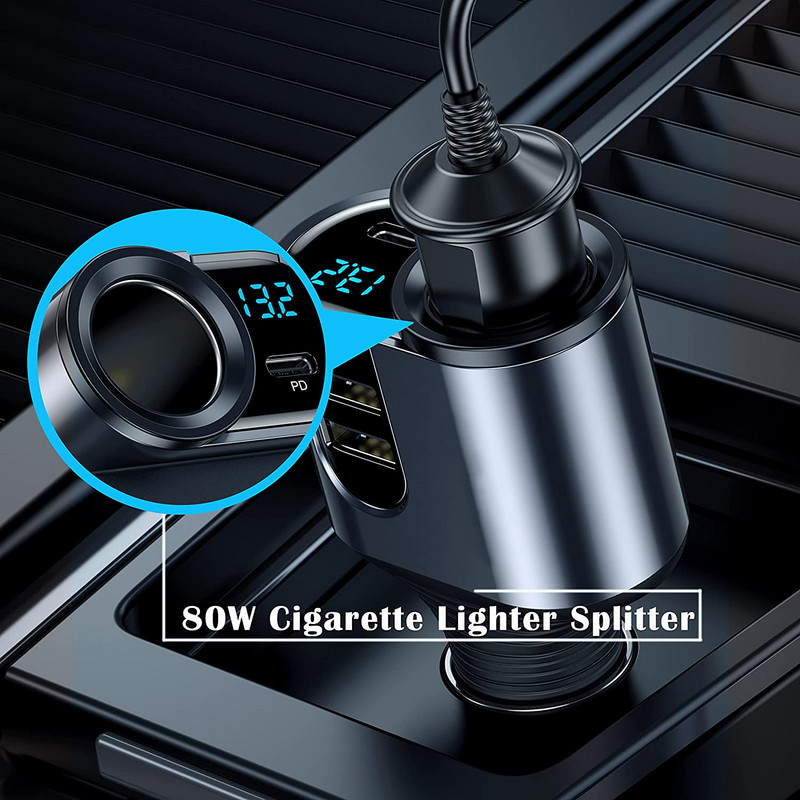 Jauns automašīnas lādētāja šķiltavas adapteris 4 in 1 automašīnas cigarešu sadalītājs, tips C, divi USB porti, sprieguma displejs 127 W, piemērots automātiskajai izejai