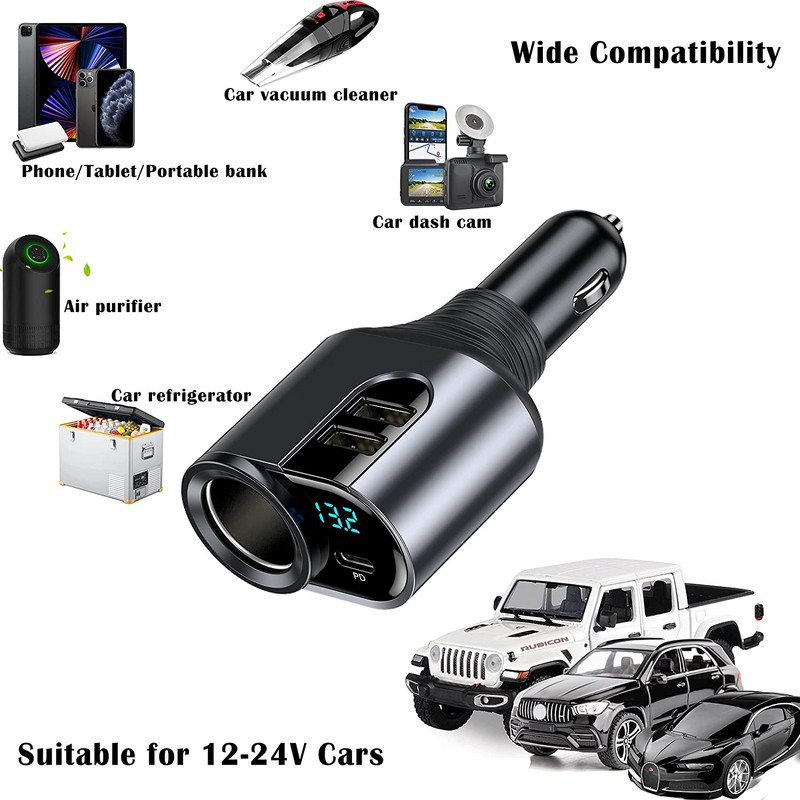 Jauns automašīnas lādētāja šķiltavas adapteris 4 in 1 automašīnas cigarešu sadalītājs, tips C, divi USB porti, sprieguma displejs 127 W, piemērots automātiskajai izejai