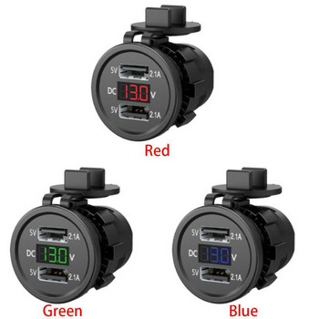 5V 2.1A Водоустойчив двоен порт USB Адаптер за гнездо за зарядно устройство Захранващо напрежение Дисплей Волтметър за 12-24V Автомобили Лодка Мотоциклети Превозни средства