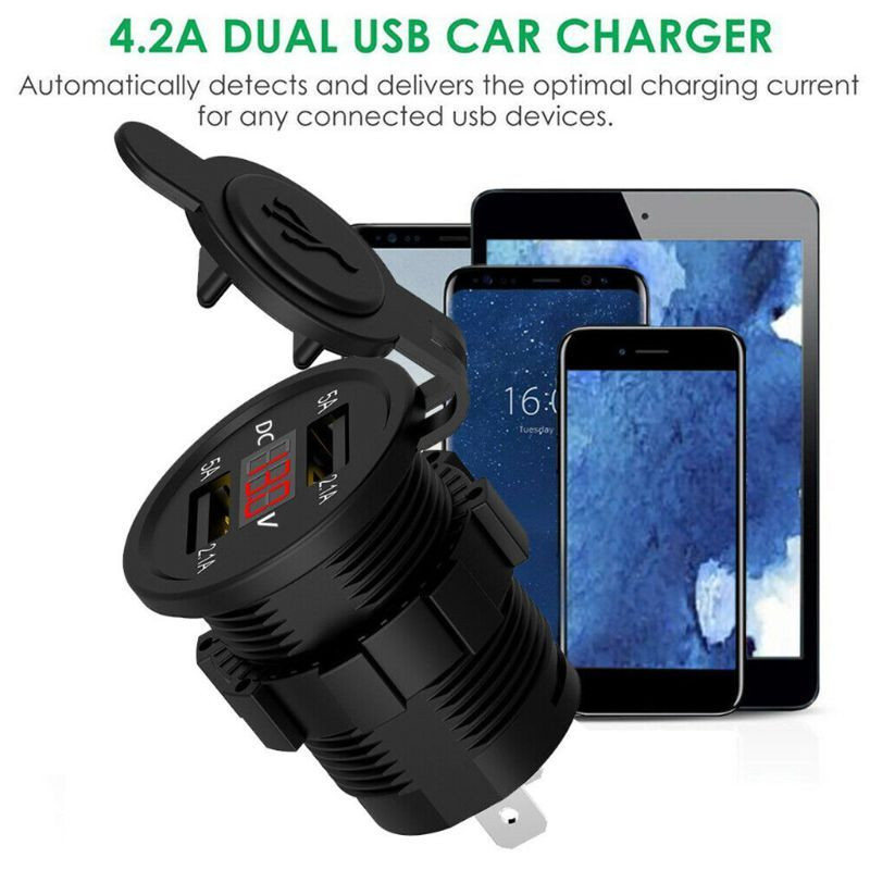 5V 2.1A Porturi duble impermeabile Adaptor priză pentru încărcător USB Voltmetru de afișare a tensiunii de alimentare pentru 12-24V Autovehicule Barcă Motociclete