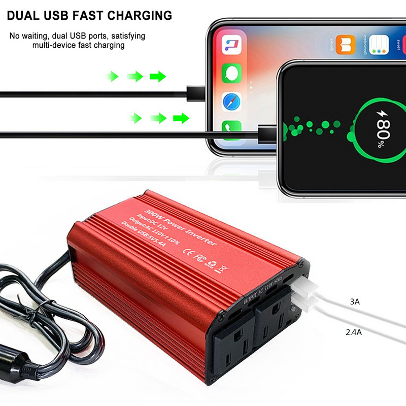 Μετατροπέας ισχύος 300w Μετατροπέας εναλλασσόμενου ρεύματος 12v Dc σε 110v με 2 θύρες USB και 2 πρίζες εναλλασσόμενου ρεύματος Προσαρμογέας εξόδου αυτοκινήτου για οδικά ταξίδια και κάμπινγκ
