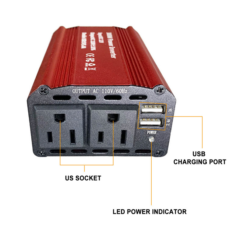 Μετατροπέας ισχύος 300w Μετατροπέας εναλλασσόμενου ρεύματος 12v Dc σε 110v με 2 θύρες USB και 2 πρίζες εναλλασσόμενου ρεύματος Προσαρμογέας εξόδου αυτοκινήτου για οδικά ταξίδια και κάμπινγκ