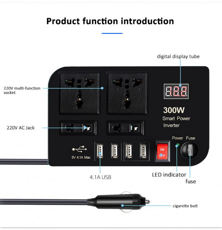 Convertor de putere pentru mașină 300W 12v24v la 220V Afișaj digital multifuncțional Priză duală universală Convertor de putere Convertor de bord