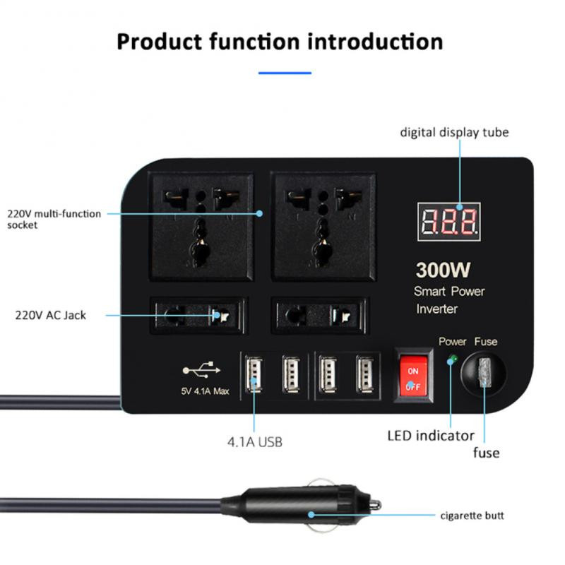 Convertor de putere pentru mașină 300W 12v24v la 220V Afișaj digital multifuncțional Priză duală universală Convertor de putere Convertor de bord