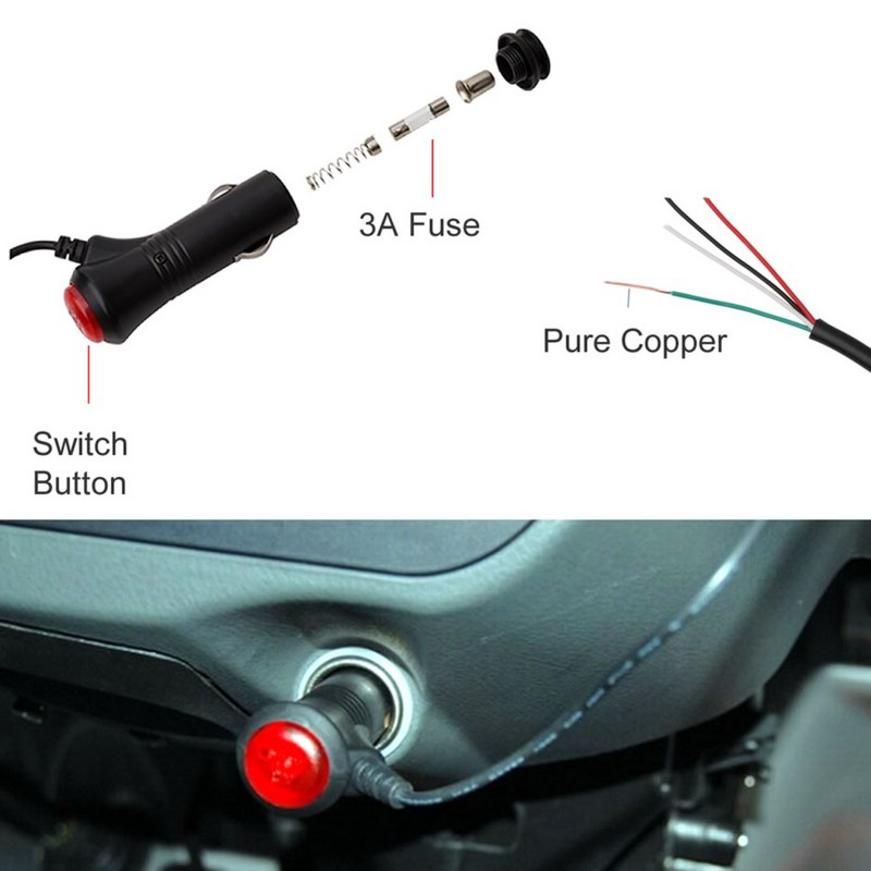 Auto alalisvoolu 12 V 24 V DC2,1 2,5 mm 3,5 mm pistikuga sigaretisüütaja toiteadapter lülitiga 1,5 / 3,5 meetri kaabel E Dog GPS-radari jaoks