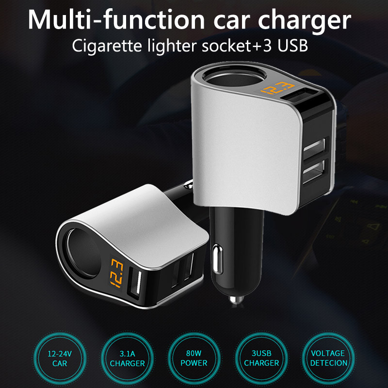 Φορτιστής αυτοκινήτου JaJaBor 3 θύρες USB γρήγορης φόρτισης Ψηφιακή οθόνη ανίχνευσης τάσης Υποδοχή αναπτήρα 80W Προσαρμογέας υψηλής ισχύος