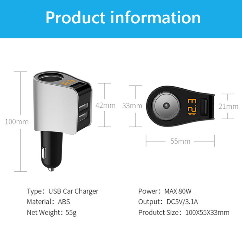 Φορτιστής αυτοκινήτου JaJaBor 3 θύρες USB γρήγορης φόρτισης Ψηφιακή οθόνη ανίχνευσης τάσης Υποδοχή αναπτήρα 80W Προσαρμογέας υψηλής ισχύος