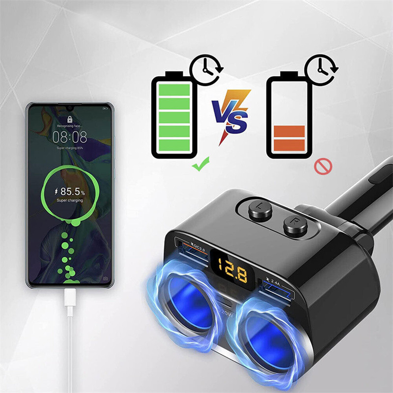 Auto sigaretisüütaja pistikupesa jaotur QC3.0 kahe USB-kiirlaadimise tüüp C PD20W laadija sõltumatu lüliti toiteadapter