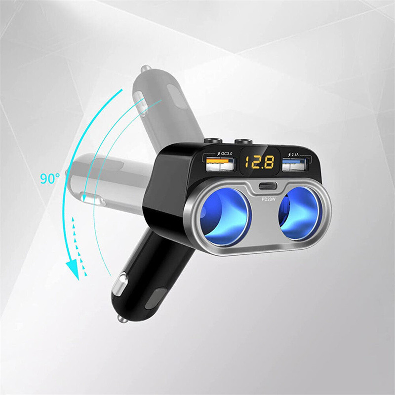 Auto sigaretisüütaja pistikupesa jaotur QC3.0 kahe USB-kiirlaadimise tüüp C PD20W laadija sõltumatu lüliti toiteadapter