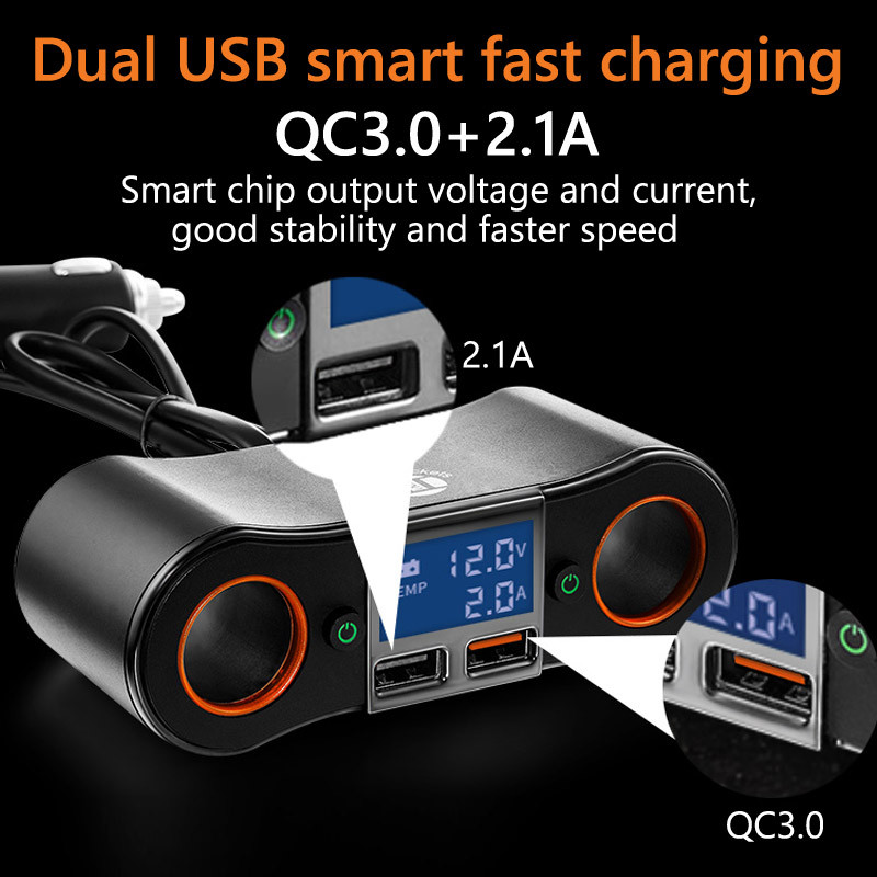 JaJaBor Distribuitor de priză pentru brichetă auto Dual USB QC3.0 2.1A Încărcare rapidă pentru mașină LED Indicator de lumină Adaptor de alimentare