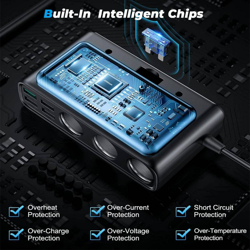 Vairāku pieslēgvietu automašīnas cigarešu šķiltavu adapteris 3 ligzdas 6 porti mobilā tālruņa Pd ātrais lādētājs ar LED sprieguma displeju