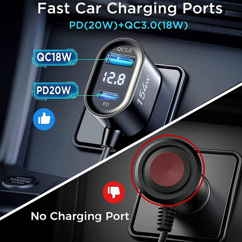 Vairāku pieslēgvietu automašīnas cigarešu šķiltavu adapteris 3 ligzdas 6 porti mobilā tālruņa Pd ātrais lādētājs ar LED sprieguma displeju
