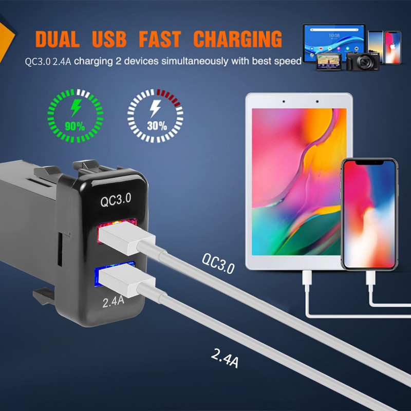 Autolaadija Kahe USB-pordiga telefoni kiirlaadimine QC3.0 automaatse adapteriga telefoni 12 V 24 V auto sigaretisüütaja pistikupesaga laadija TOYOTA jaoks