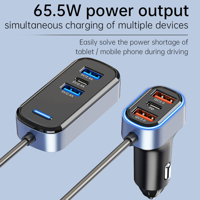 JaJaBor 6 ühes autolaadija 6 pordiga pikendus 2 tüüpi C 4 USB QC3.0 PD kiirlaadimisega telefonilaadija 65,5 W suure võimsusega adapter