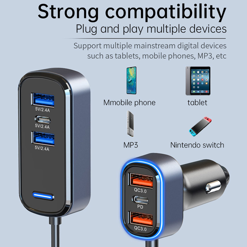 JaJaBor 6 ühes autolaadija 6 pordiga pikendus 2 tüüpi C 4 USB QC3.0 PD kiirlaadimisega telefonilaadija 65,5 W suure võimsusega adapter