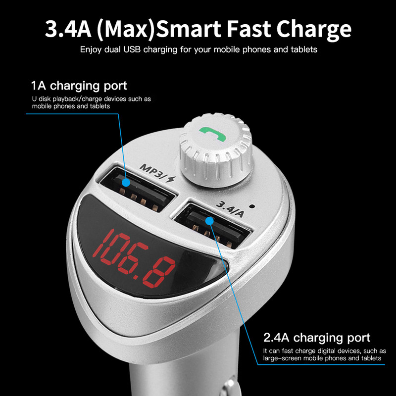 Autolaadija FM-saatja Bluetooth MP3-mängija Autoheli USB-autolaadija adapter TF-kaardi autokomplekt 3.4A kahekordne kiire telefonilaadija