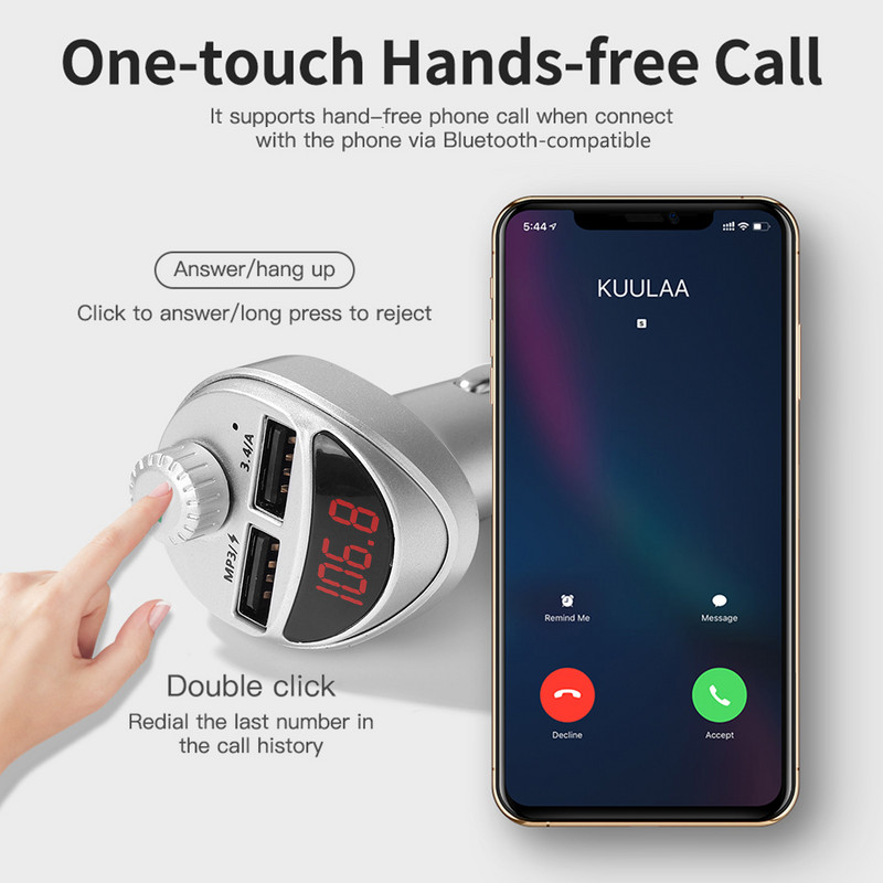 Autolaadija FM-saatja Bluetooth MP3-mängija Autoheli USB-autolaadija adapter TF-kaardi autokomplekt 3.4A kahekordne kiire telefonilaadija