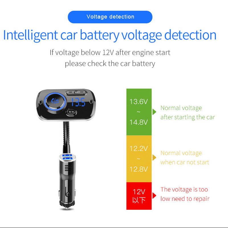 CVC Anulare zgomot Bluetooth Mâini libere Player MP3 auto AUX TF Card Dual USB QC3.0 Încărcător rapid Monitor de tensiune Transmițător FM