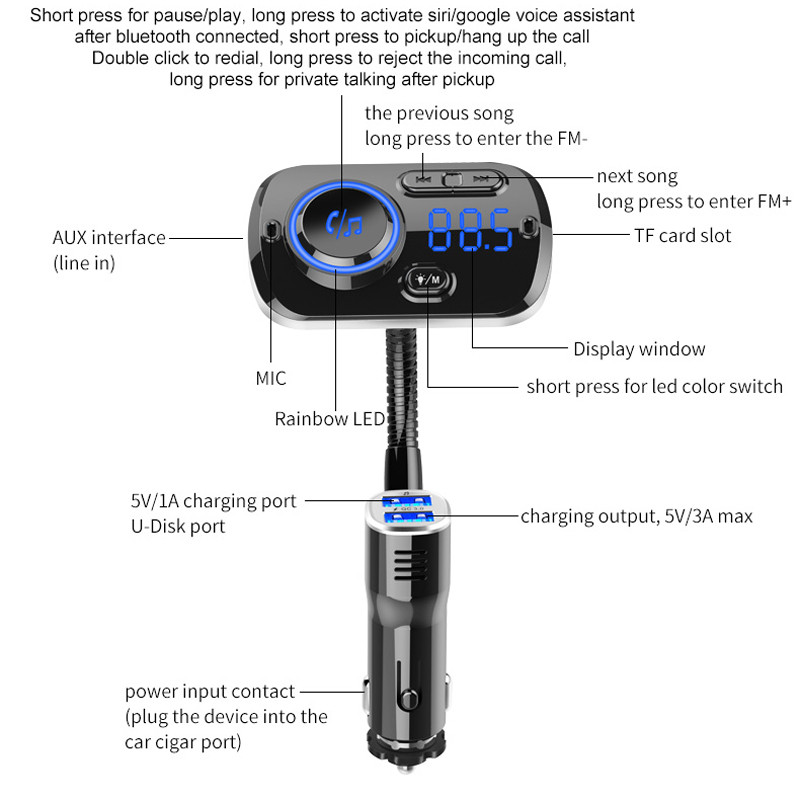 CVC Anulare zgomot Bluetooth Mâini libere Player MP3 auto AUX TF Card Dual USB QC3.0 Încărcător rapid Monitor de tensiune Transmițător FM