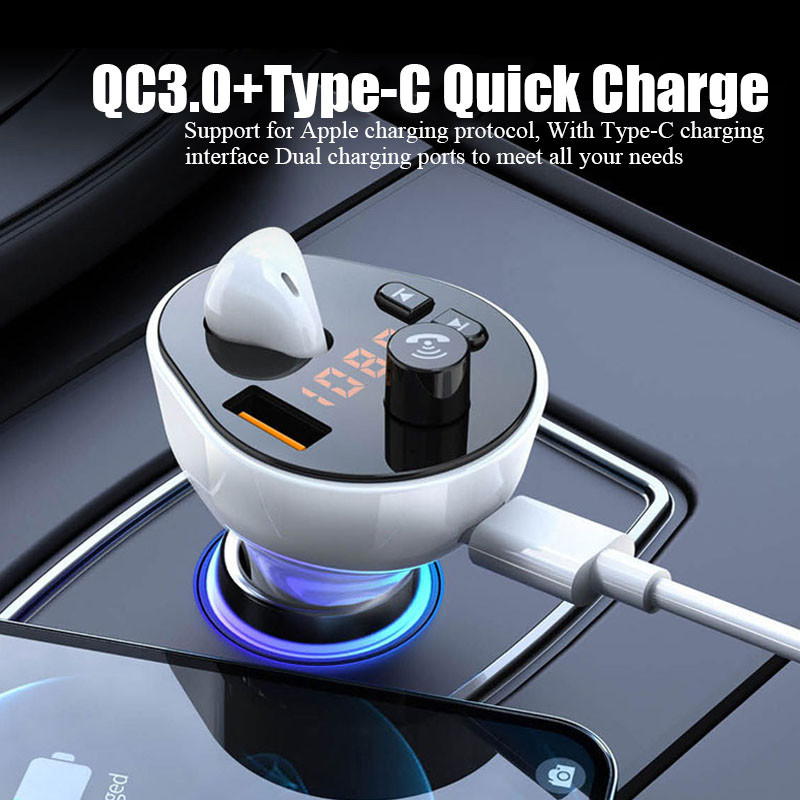 Transmițător FM pentru mașină Căști Bluetooth Căști Mâini libere Player MP3 Modulator radio auto QC3.0 Adaptor de încărcare rapidă de tip C Kit auto