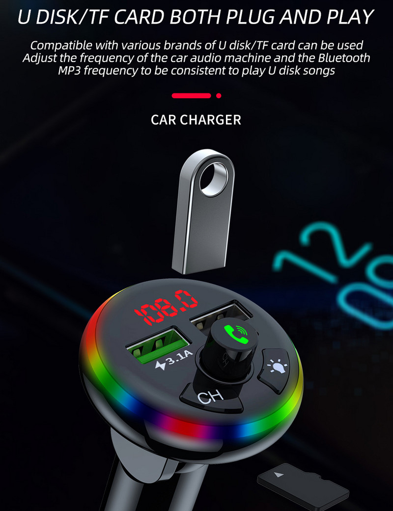 Reguleeritava peaga Fm-saatja Bluetooth 5.0 vabakäe autotelefoni laadija juhtmevaba automuusika esitus 5V 3.1A tugi 32G Tf/u-Stick