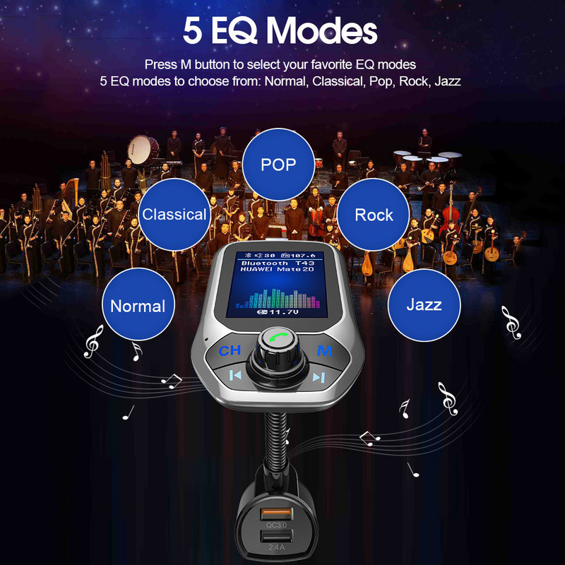 Player de muzică MP3 pentru mașină 2020 Receptor Bluetooth 5.0 Transmițător FM Încărcător dublu USB QC3.0 Disc U / Card TF Muzică fără pierderi