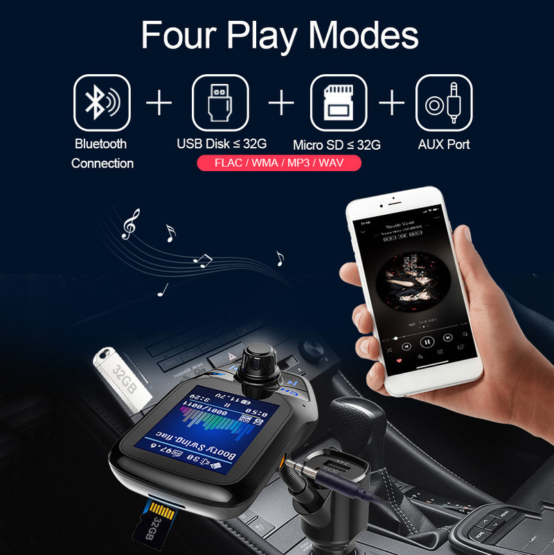 Player de muzică MP3 pentru mașină 2020 Receptor Bluetooth 5.0 Transmițător FM Încărcător dublu USB QC3.0 Disc U / Card TF Muzică fără pierderi