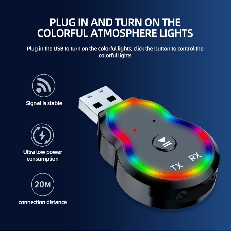 Bezvadu Bluetooth 5.3 uztvērējs raidītājs automašīnas mūzikas audio adapteris 3,5 mm Aux USB ligzda, uzlādējama ar krāsainu LED lampu